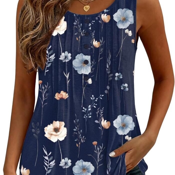 Womens Tank Tops 2026 Summer Loose Fit Crew Neck Boho Tunic Pleated Babydoll Sleeveless Shirts with Button Detail Bf318