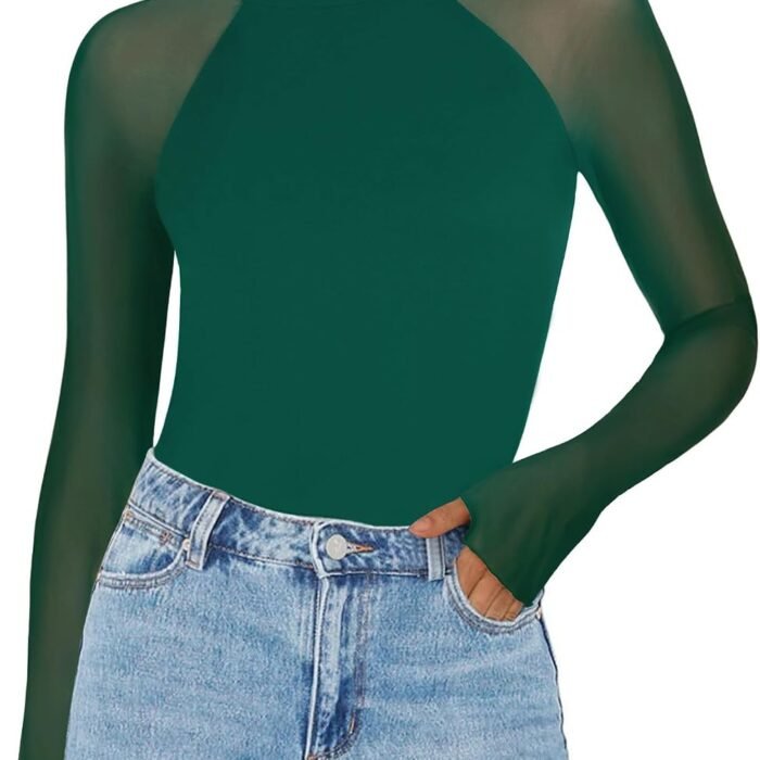 Long Sleeve Shirts for Women Sheer Mesh Top Mock Neck Fitted Blouses | Double-lined undershirts, see-through trendy fall clothes for going out, party, club wear Green