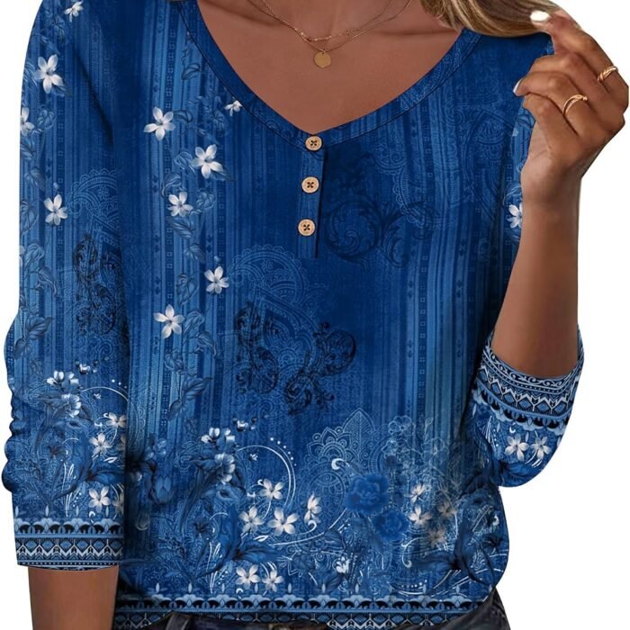 Women Tops Loose Fit Long Sleeve V Neck T Shirts Business Casual Blouses Dressy Fall Fashion Work Clothes Blue Flower-mz845