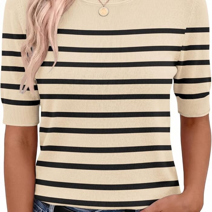 Women Short Sleeve Sweater Summer Crew Neck Dressy Casual Tops | Womens Summer Tops Crew Neck Lightweight Pullover Sweaters Loose Dressy Casual Blouse Basic Clothes Fashion Trendy Apricot-black