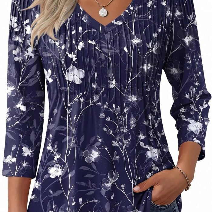 Long Sleeve Shirts for Women Casual V Neck Top Pleated Floral Boho Blouses 2026 Fall Tunics Sf180