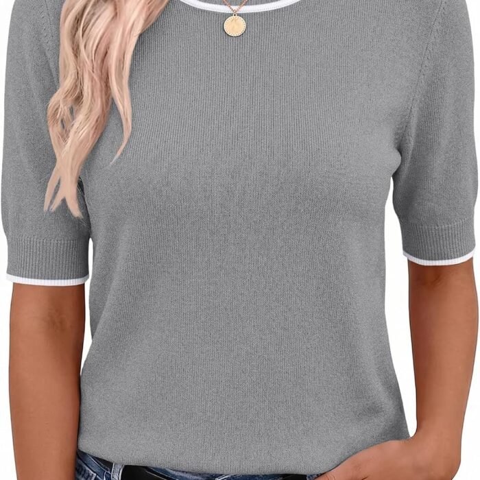 Women Short Sleeve Sweater Summer Crew Neck Dressy Casual Tops | Womens Summer Tops Crew Neck Lightweight Pullover Sweaters Loose Dressy Casual Blouse Basic Clothes Fashion Trendy Gray