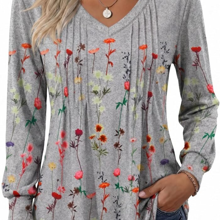 Women's Puff Long Sleeve Shirts Pleated V Neck Fall Tunic Tops Blouse Dressy Casual Summer T-Shirts Bf195
