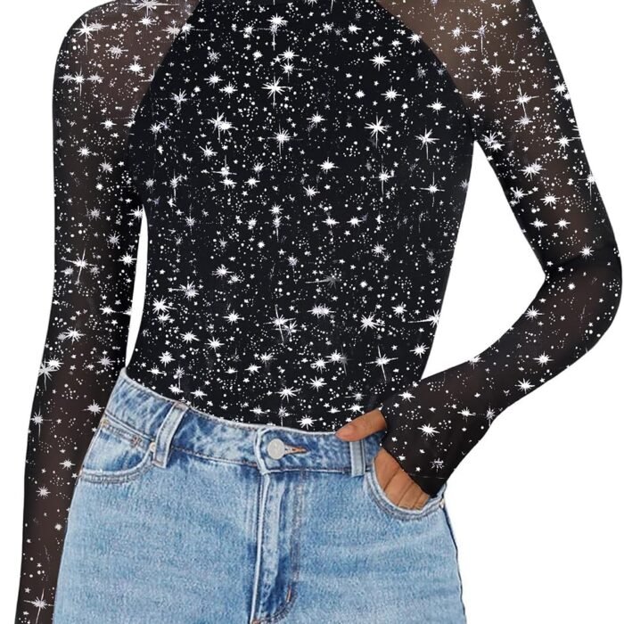 Long Sleeve Shirts for Women Sheer Mesh Top Mock Neck Fitted Blouses | Double-lined undershirts, see-through trendy fall clothes for going out, party, club wear Kt246