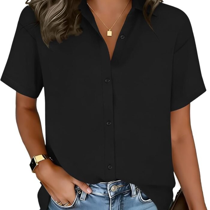 Button Down Shirt for Women Short Sleeve Blouses Loose Casual Collared Blouses Summer Tops Fashion Vacation Outfits A01-black