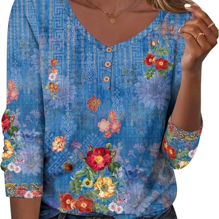 Women Tops Loose Fit Long Sleeve V Neck T Shirts Business Casual Blouses Dressy Fall Fashion Work Clothes Blue Print-mz876