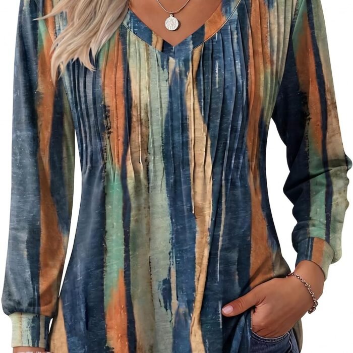 Long Sleeve Shirts for Women Casual V Neck Top Pleated Floral Boho Blouses 2026 Fall Tunics Cx289