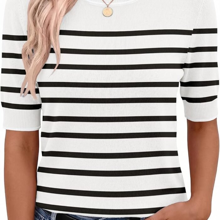 Women Short Sleeve Sweater Summer Crew Neck Dressy Casual Tops | Womens Summer Tops Crew Neck Lightweight Pullover Sweaters Loose Dressy Casual Blouse Basic Clothes Fashion Trendy White-black