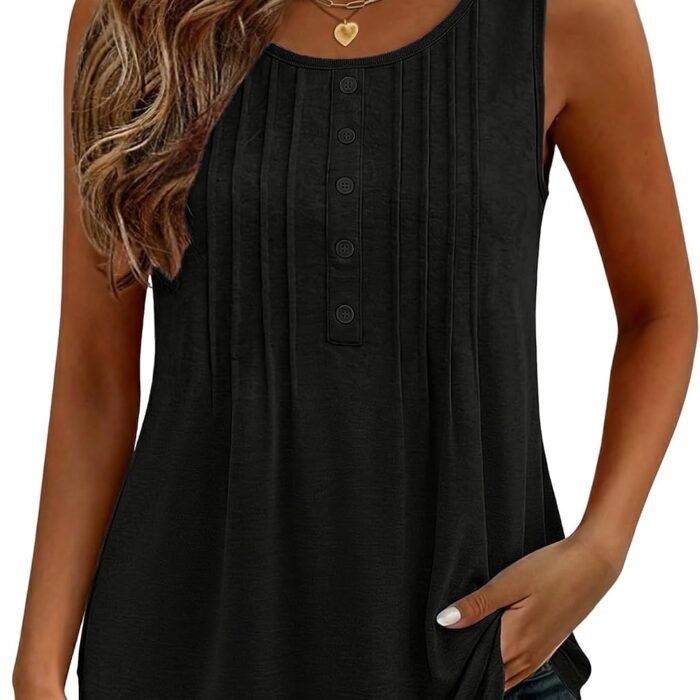 Womens Tank Tops 2026 Summer Loose Fit Crew Neck Boho Tunic Pleated Babydoll Sleeveless Shirts with Button Detail Black