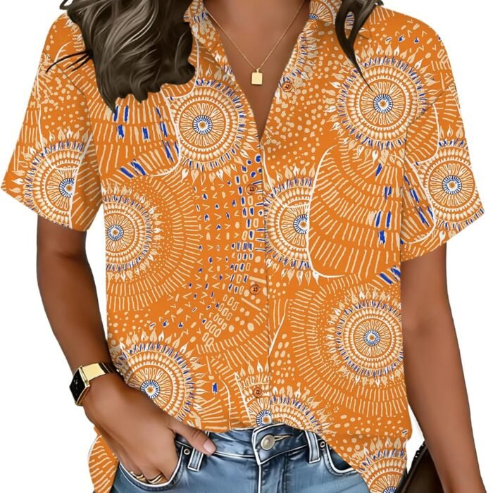Button Down Shirt for Women Short Sleeve Blouses Loose Casual Collared Blouses Summer Tops Fashion Vacation Outfits Cx294 Orange