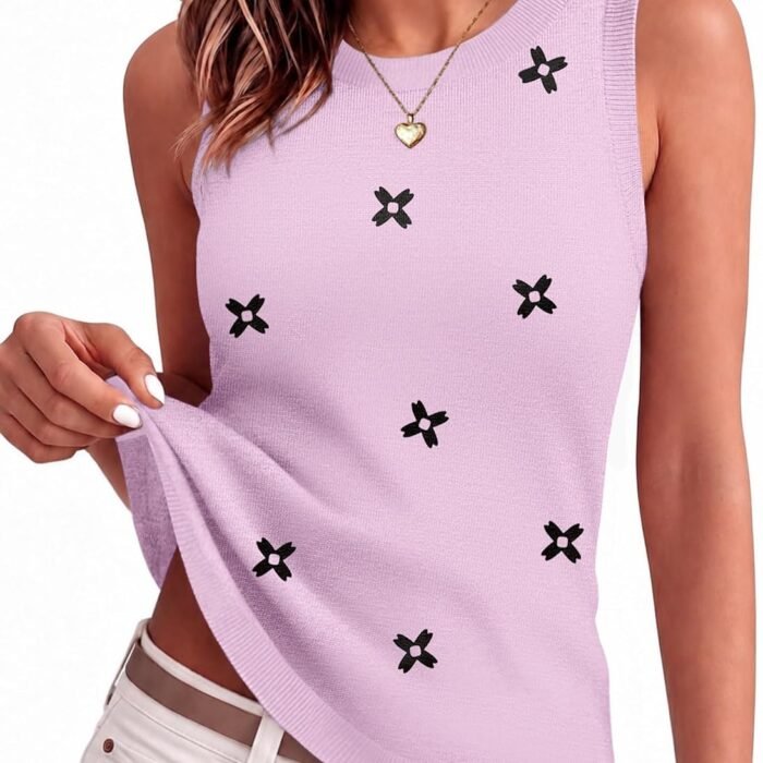 Tank Top for Women 2026 Loose Fit Casual Knit Fall Sweaters | Cute Crew Neck Tank Tops,Women Sleeveless Ribbed Blouse,Early Fall Fashion,Autumn Clothing,Business Casual Outfits Flower Pink