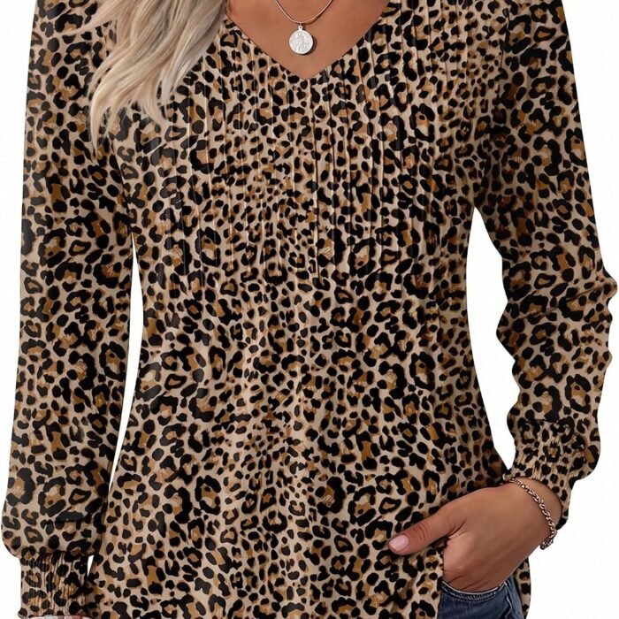 Long Sleeve Shirts for Women Casual V Neck Top Pleated Floral Boho Blouses 2026 Fall Tunics An136