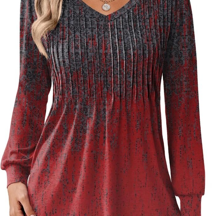 Long Sleeve Shirts for Women Casual V Neck Top Pleated Floral Boho Blouses 2026 Fall Tunics Mz838