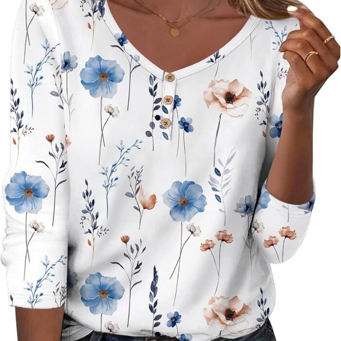 Women Tops Loose Fit Long Sleeve V Neck T Shirts Business Casual Blouses Dressy Fall Fashion Work Clothes White Flower-bf290