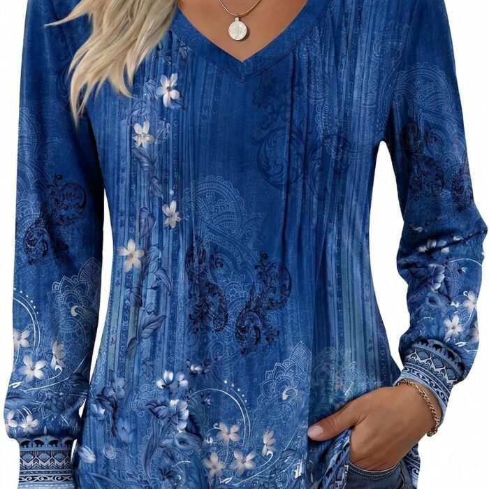 Women's Puff Long Sleeve Shirts Pleated V Neck Fall Tunic Tops Blouse Dressy Casual Summer T-Shirts Mz712