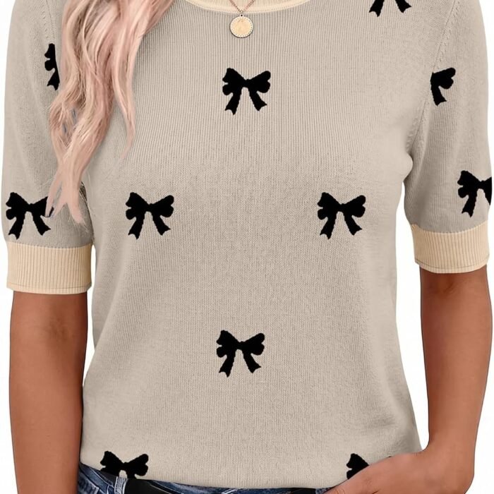 Women Short Sleeve Sweater Summer Crew Neck Dressy Casual Tops | Womens Summer Tops Crew Neck Lightweight Pullover Sweaters Loose Dressy Casual Blouse Basic Clothes Fashion Trendy 1-bow Knot Black