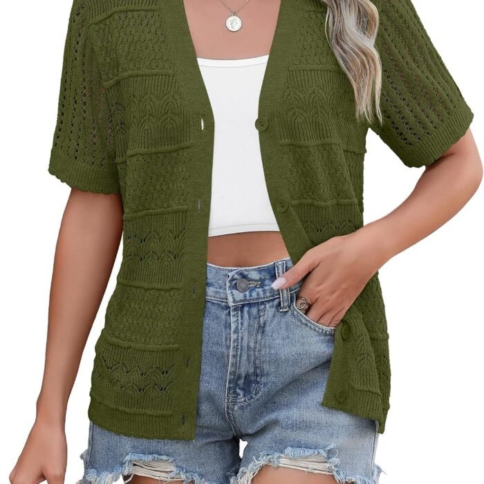 Women's 2026 Summer Short Sleeve Crochet Cardigan V Neck Cropped Lightweight Button up Bolero Shrug Sweater Army Green