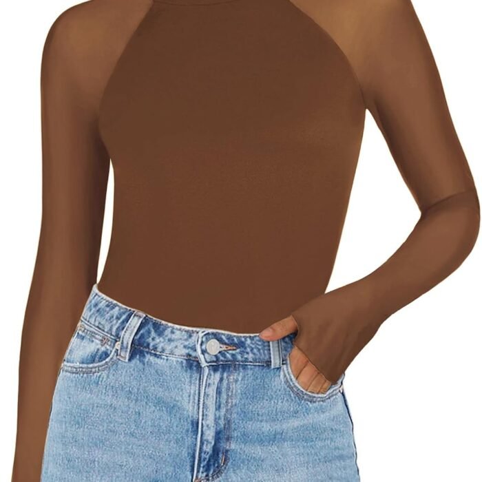 Long Sleeve Shirts for Women Sheer Mesh Top Mock Neck Fitted Blouses | Double-lined undershirts, see-through trendy fall clothes for going out, party, club wear Brown