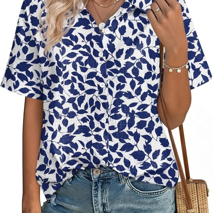 Women Button Down Shirt Cotton Linen Blend Short Sleeve V Neck Blouse Dressy Casual Summer Tops Beach Vacation Outfits Deep Blue Floral