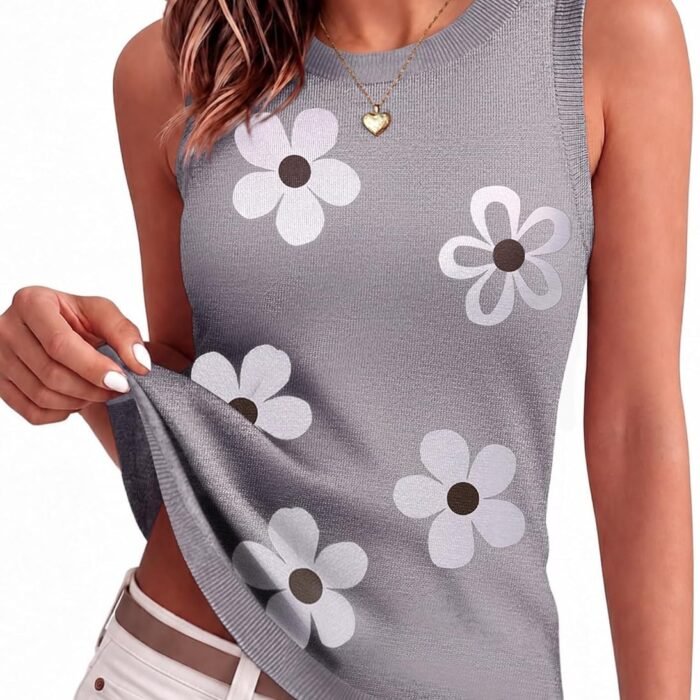 Tank Top for Women 2026 Loose Fit Casual Knit Fall Sweaters | Cute Crew Neck Tank Tops,Women Sleeveless Ribbed Blouse,Early Fall Fashion,Autumn Clothing,Business Casual Outfits Flower White