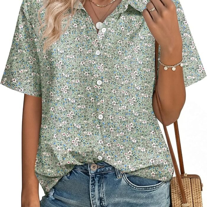 Women Button Down Shirt Cotton Linen Blend Short Sleeve V Neck Blouse Dressy Casual Summer Tops Beach Vacation Outfits Green Ditsy