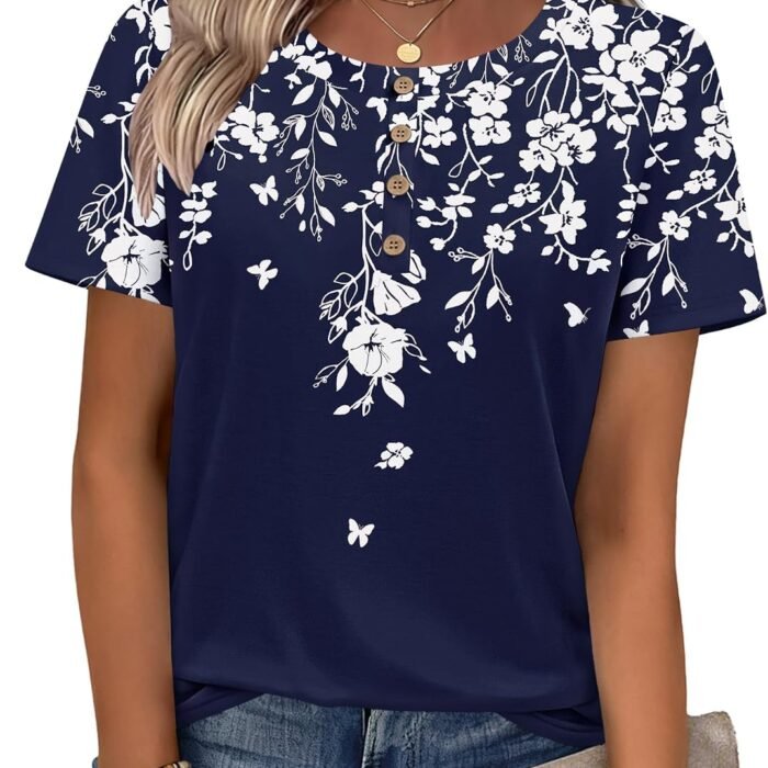 Women Summer Tops Short Sleeve Dressy Casual Henley Tee Shirt Round Neck Floral Blouses Business Work Clothes Navy Flower-sf103