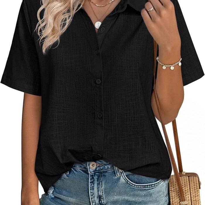 Women Button Down Shirt Cotton Linen Blend Short Sleeve V Neck Blouse Dressy Casual Summer Tops Beach Vacation Outfits Black
