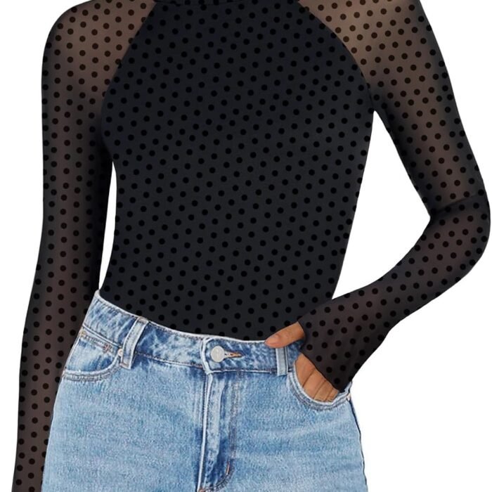 Long Sleeve Shirts for Women Sheer Mesh Top Mock Neck Fitted Blouses | Double-lined undershirts, see-through trendy fall clothes for going out, party, club wear Jh723