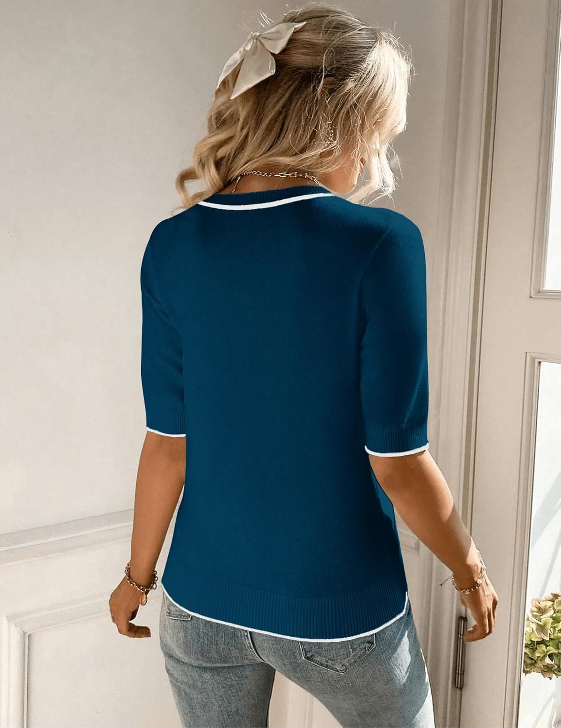 Women Short Sleeve Sweater Summer Crew Neck Dressy Casual Tops | Womens Summer Tops Crew Neck Lightweight Pullover Sweaters Loose Dressy Casual Blouse Basic Clothes Fashion Trendy Dark Blue - Image 5