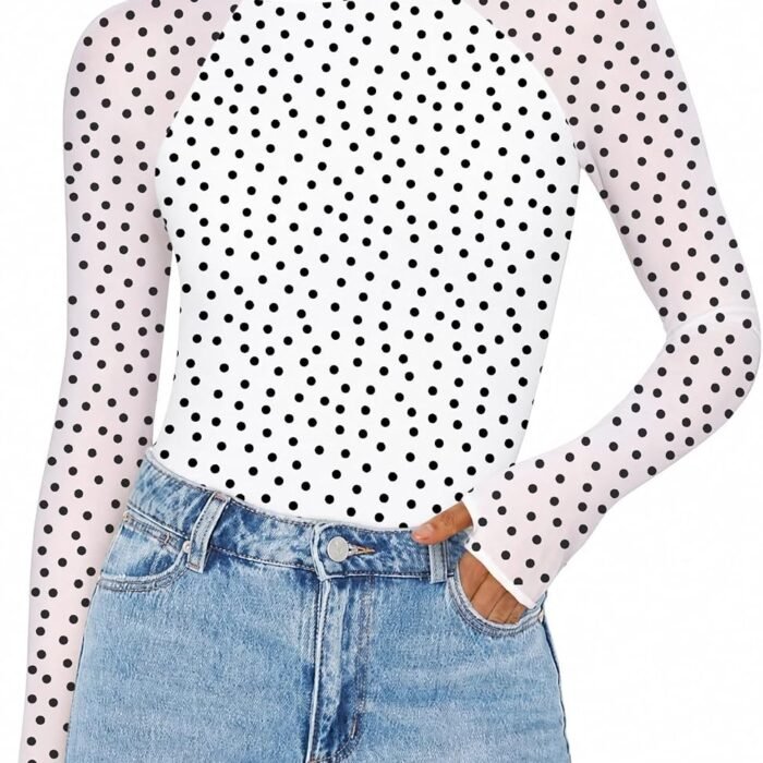 Long Sleeve Shirts for Women Sheer Mesh Top Mock Neck Fitted Blouses | Double-lined undershirts, see-through trendy fall clothes for going out, party, club wear Jh724