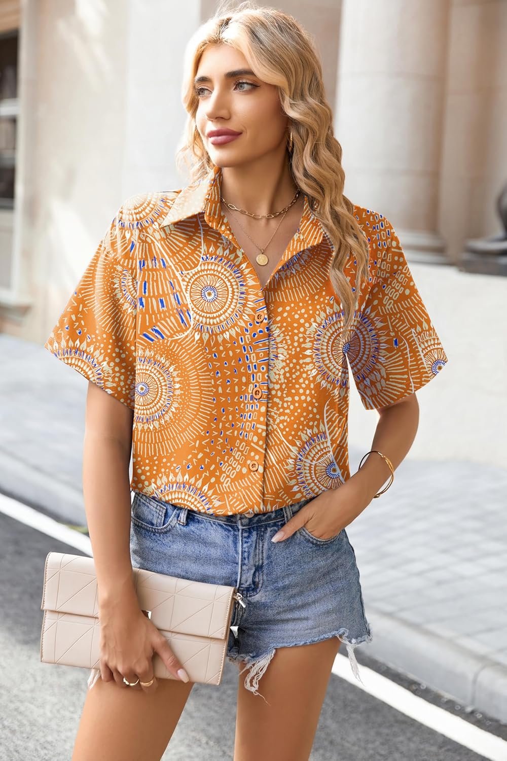 Button Down Shirt for Women Short Sleeve Blouses Loose Casual Collared Blouses Summer Tops Fashion Vacation Outfits Cx294 Orange - Image 3