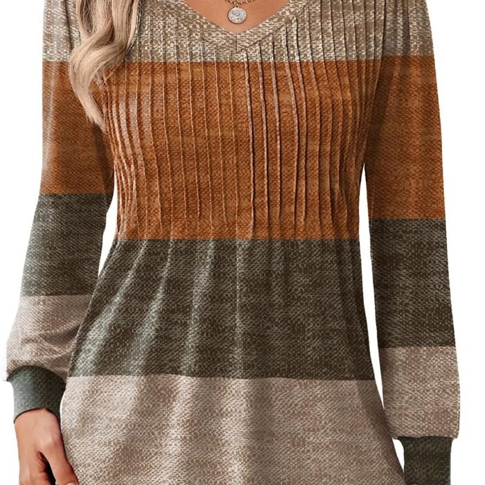 Long Sleeve Shirts for Women Casual V Neck Top Pleated Floral Boho Blouses 2026 Fall Tunics Jh398