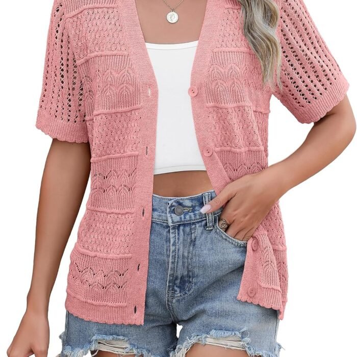 Women's 2026 Summer Short Sleeve Crochet Cardigan V Neck Cropped Lightweight Button up Bolero Shrug Sweater Pink