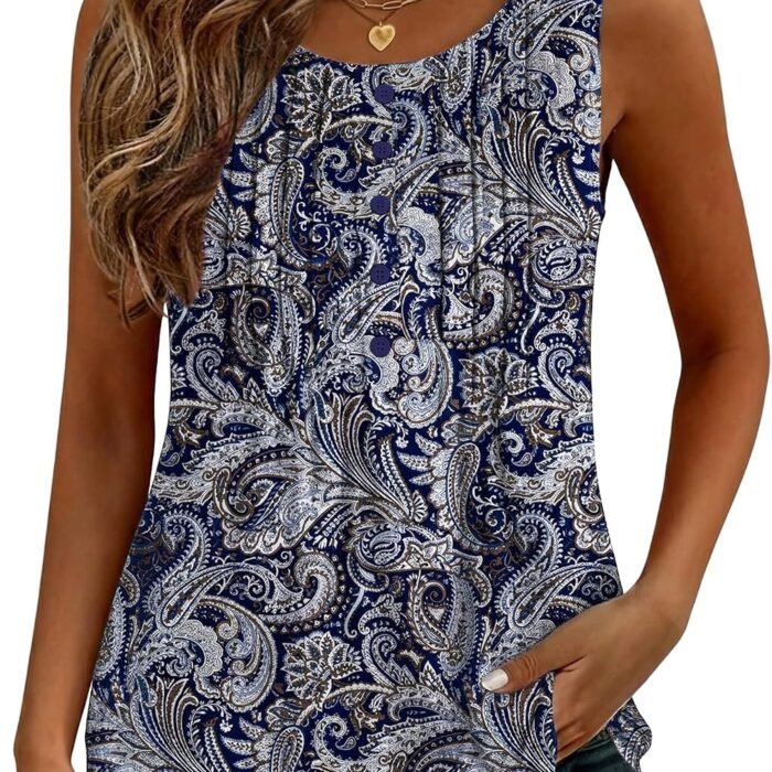 Womens Tank Tops 2026 Summer Loose Fit Crew Neck Boho Tunic Pleated Babydoll Sleeveless Shirts with Button Detail Mz473