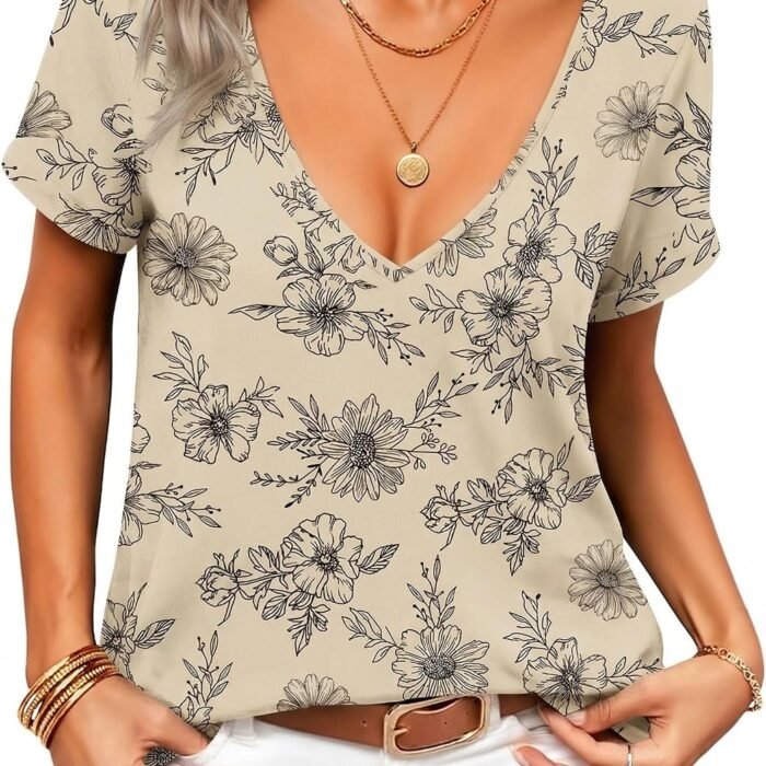 Sexy Tops for Women Deep V Neck Shirts Summer Low Cut Top Short Sleeve Tshirts Trendy Clothes Fashion Clothing Sp31 Floral