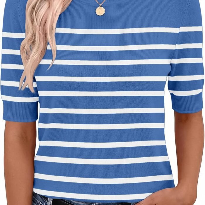 Women Short Sleeve Sweater Summer Crew Neck Dressy Casual Tops | Womens Summer Tops Crew Neck Lightweight Pullover Sweaters Loose Dressy Casual Blouse Basic Clothes Fashion Trendy Blue-white
