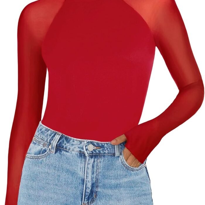 Long Sleeve Shirts for Women Sheer Mesh Top Mock Neck Fitted Blouses | Double-lined undershirts, see-through trendy fall clothes for going out, party, club wear Pure Red