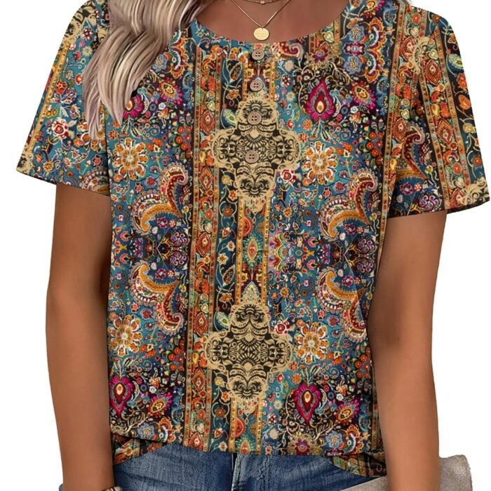 Women Summer Tops Short Sleeve Dressy Casual Henley Tee Shirt Round Neck Floral Blouses Business Work Clothes Boho-mz721