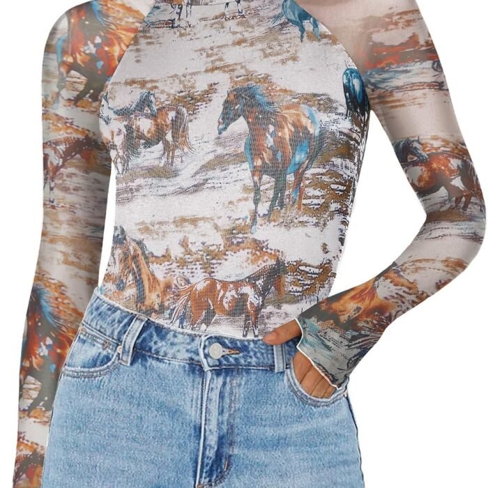 Long Sleeve Shirts for Women Sheer Mesh Top Mock Neck Fitted Blouses | Double-lined undershirts, see-through trendy fall clothes for going out, party, club wear Dw137