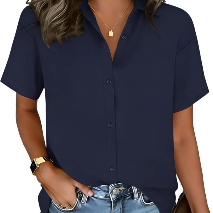 Button Down Shirt for Women Short Sleeve Blouses Loose Casual Collared Blouses Summer Tops Fashion Vacation Outfits A01-navy Blue