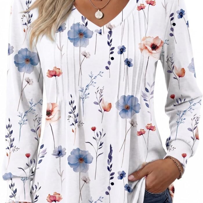 Women's Puff Long Sleeve Shirts Pleated V Neck Fall Tunic Tops Blouse Dressy Casual Summer T-Shirts Dh6