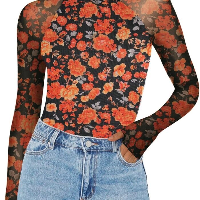 Long Sleeve Shirts for Women Sheer Mesh Top Mock Neck Fitted Blouses | Double-lined undershirts, see-through trendy fall clothes for going out, party, club wear Wf75