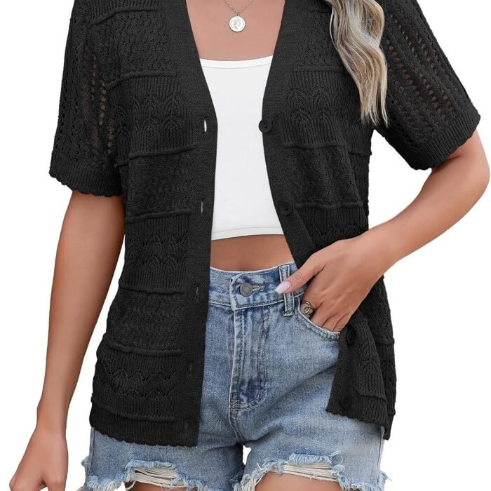 Women's 2026 Summer Short Sleeve Crochet Cardigan V Neck Cropped Lightweight Button up Bolero Shrug Sweater Black