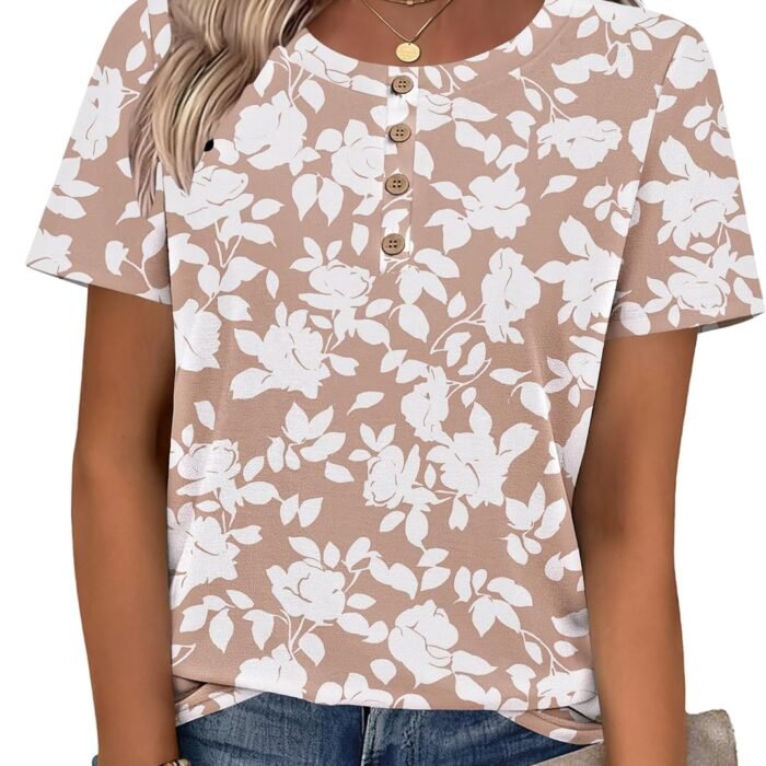 Women Summer Tops Short Sleeve Dressy Casual Henley Tee Shirt Round Neck Floral Blouses Business Work Clothes Khaki-sf295