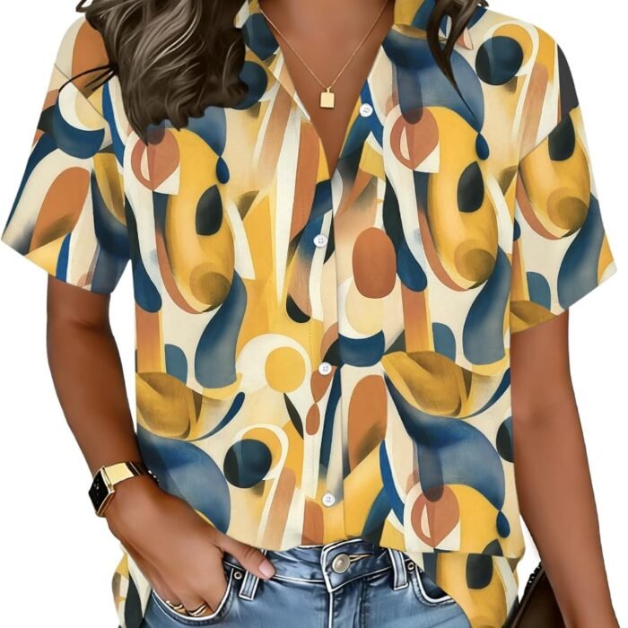 Button Down Shirt for Women Short Sleeve Blouses Loose Casual Collared Blouses Summer Tops Fashion Vacation Outfits Jh579