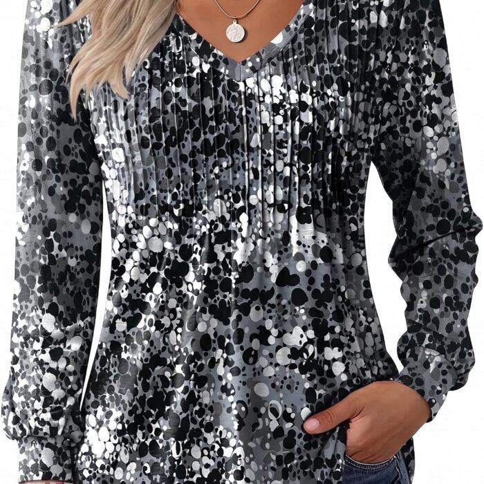 Long Sleeve Shirts for Women Casual V Neck Top Pleated Floral Boho Blouses 2026 Fall Tunics Cx273