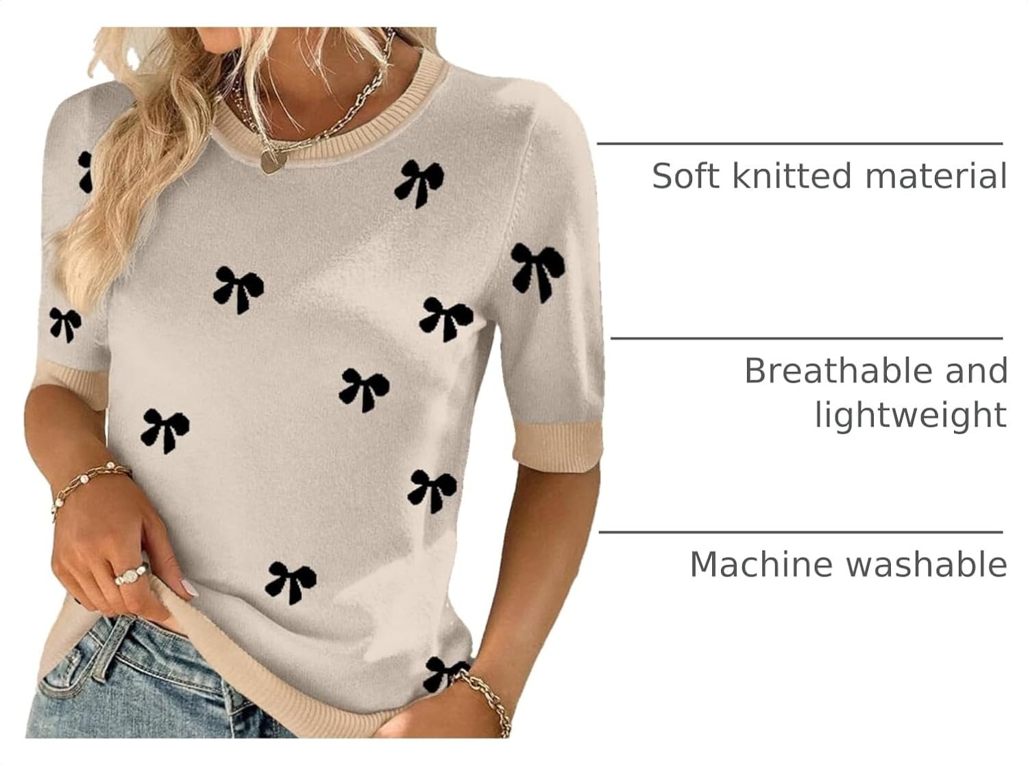 Women Short Sleeve Sweater Summer Crew Neck Dressy Casual Tops | Womens Summer Tops Crew Neck Lightweight Pullover Sweaters Loose Dressy Casual Blouse Basic Clothes Fashion Trendy 1-bow Knot Black - Image 4