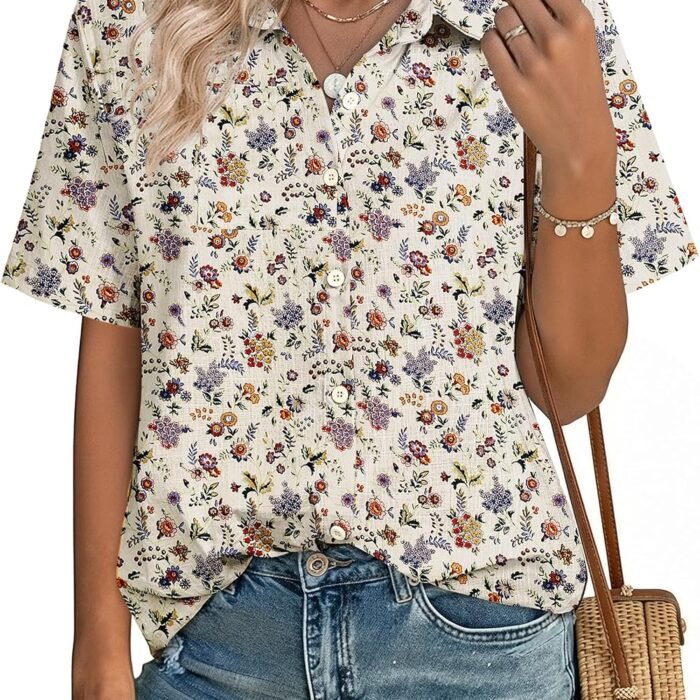 Women Button Down Shirt Cotton Linen Blend Short Sleeve V Neck Blouse Dressy Casual Summer Tops Beach Vacation Outfits Beige Ditsy