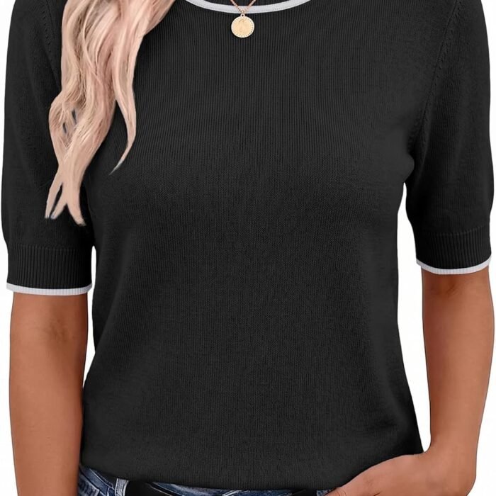Women Short Sleeve Sweater Summer Crew Neck Dressy Casual Tops | Womens Summer Tops Crew Neck Lightweight Pullover Sweaters Loose Dressy Casual Blouse Basic Clothes Fashion Trendy Black