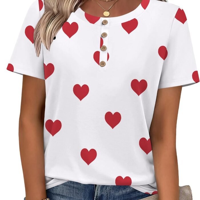 Women Summer Tops Short Sleeve Dressy Casual Henley Tee Shirt Round Neck Floral Blouses Business Work Clothes White Heart-ax85